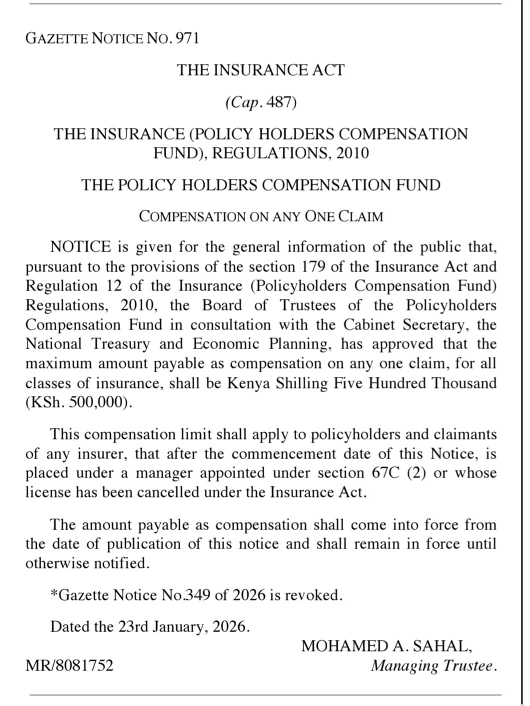 Gazette Notice on Enhancement of Compensation Limit